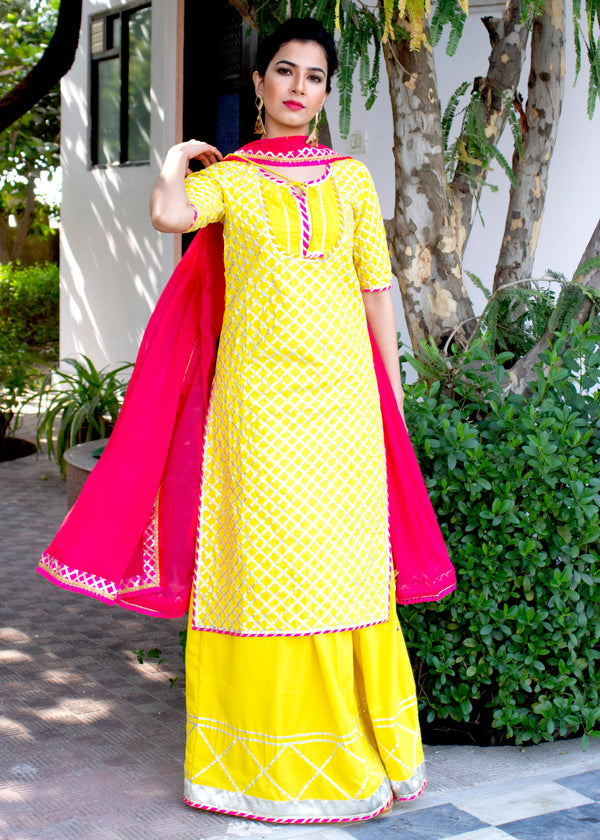 Gota Embroidered Chinon Chiffon Pakistani Suit in Yellow : KCH7683